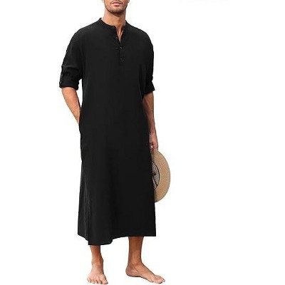Men's Long Sleeve Kaftan Thobe Button Down Henley Robe Casual Side Split Gown Shirt with Pocket