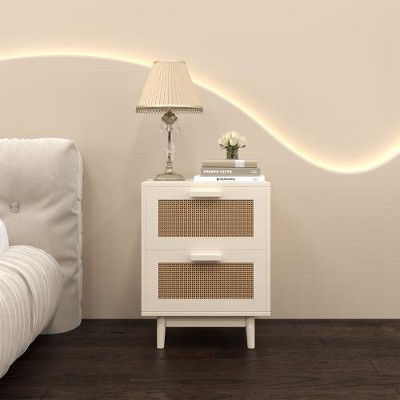 LIVAREEmlen Rattan Nightstand,Wood End Table with 2 Faux Rattan-Decorated Drawers,Wood Accent Table with Storage for Livingroom,Bedroom