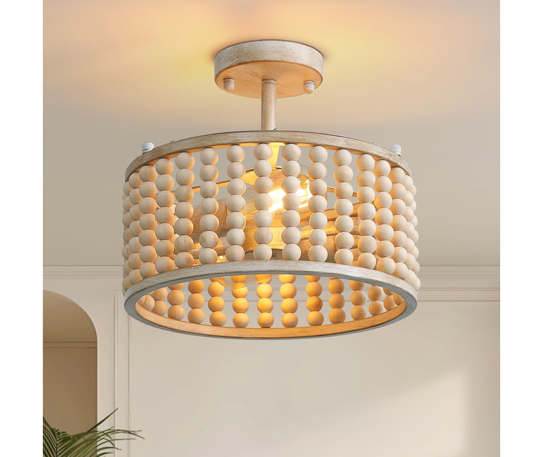 Ludomide Wood Beaded Chandelier, 2 Lights Boho Semi Flush Mount Ceiling Light Fixtures for Hallway Nursery Bedroom- Oak White