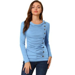 Allegra K Women's Cowl Neck Long Sleeves Buttons Decor Solid Ruched Top - 1 of 4