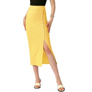 Allegra K Women's Casual Side Split Slit Ribbed Knit Bodycon Basic Midi Pencil Skirts - 1 of 4