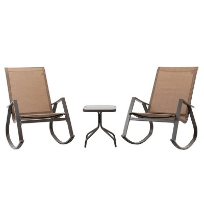 3pc Patio Bistro Set Rocking Chairs with Tempered Class Coffee Table Brown - Crestlive Products