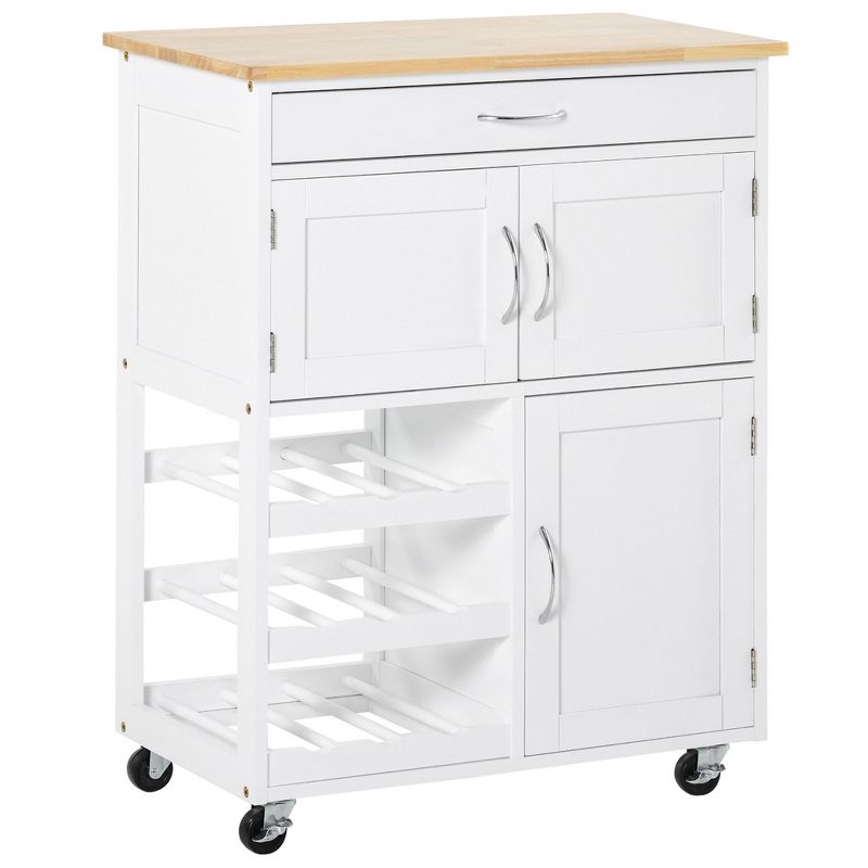 HOMCOM Bar Cart Rolling Kitchen Island on Wheels with 9-Bottle Wine Rack, Small Kitchen Cart Kitchen Storage Cabinets, Wooden Countertop, White, 1 of 7
