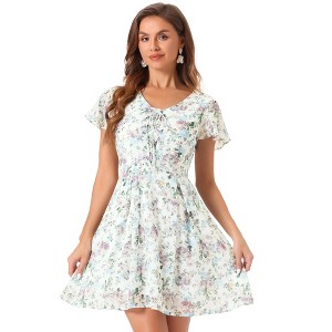 Allegra K Women's Floral Printed Flare Short Sleeve Lace-up V Neck A-Line Chiffon Dress - 1 of 4