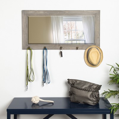 Rustic Graywash 36"x18" Wood Framed Pub Mirror with Metal Hooks