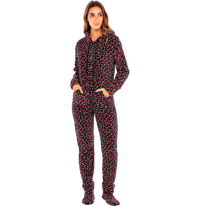 Women's Plush Fleece One Piece Hooded Footed Zipper Pajamas, Soft Adult Onesie Footie with Hood, 1 of 6