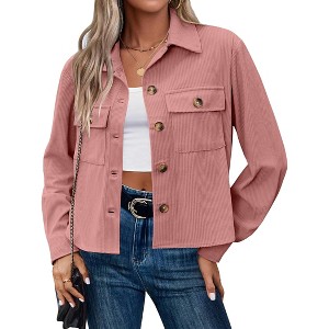 Coolmee Womens Fashion Cropped Jackets Corduroy Shackets Button Down Tops Midweight Long Sleeve Shirts with Pockets - 1 of 4