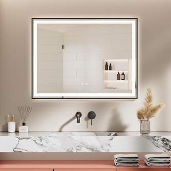 HOMLUX 40 in. W x 32 in. H Rectangular Framed LED Light with 3 Color and Anti-Fog Wall Mounted Bathroom Vanity Mirror in Black