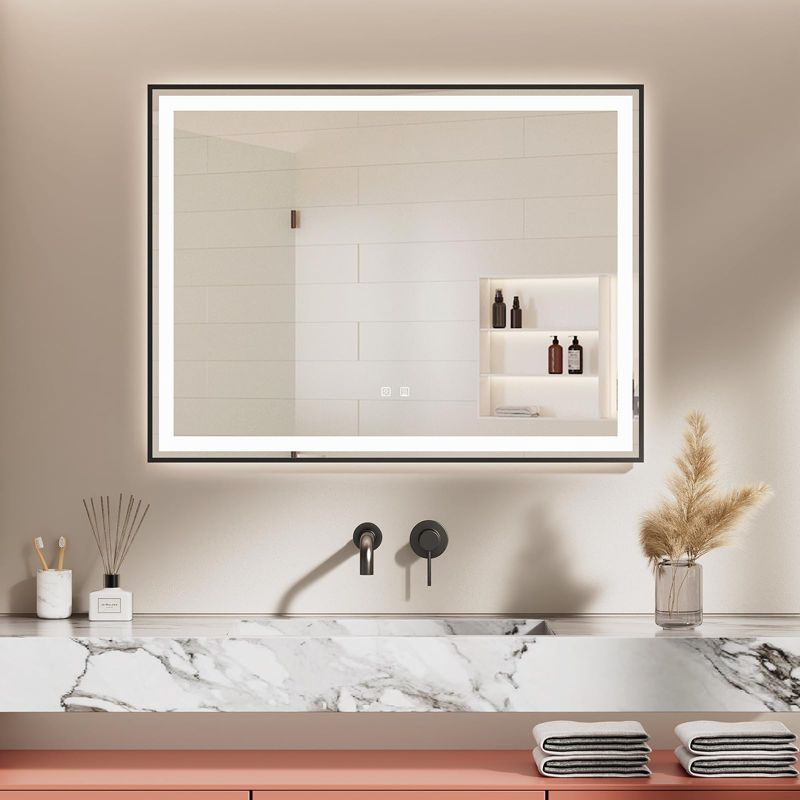 HOMLUX 36 in. W x 30 in. H Rectangular Framed LED Light with 3 Color and Anti-Fog Wall Mounted Bathroom Vanity Mirror in Black, 2 of 10
