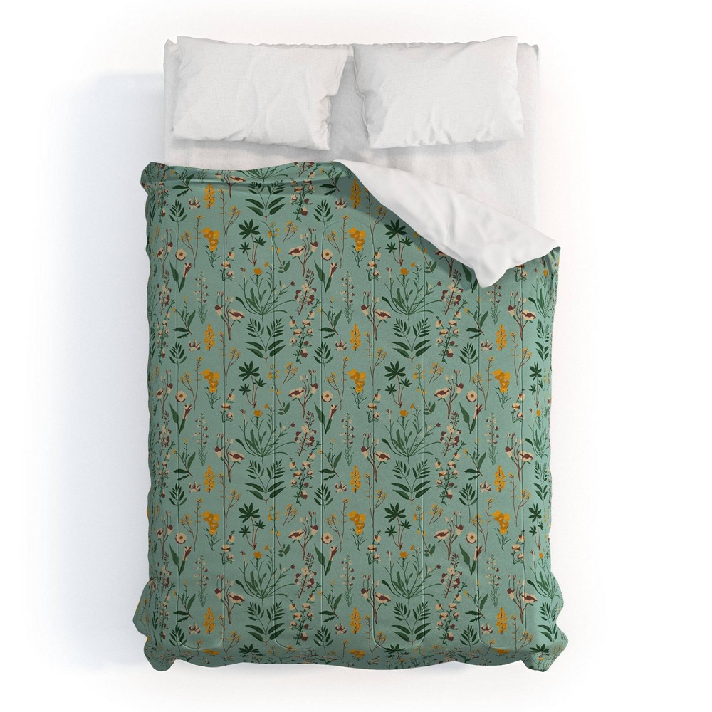 Photos - Bed Linen Full/Queen Holli Zollinger Zarah Wildflower Comforter Set Green - Deny Designs: Reversible Floral Bedding, Lightweight Polye