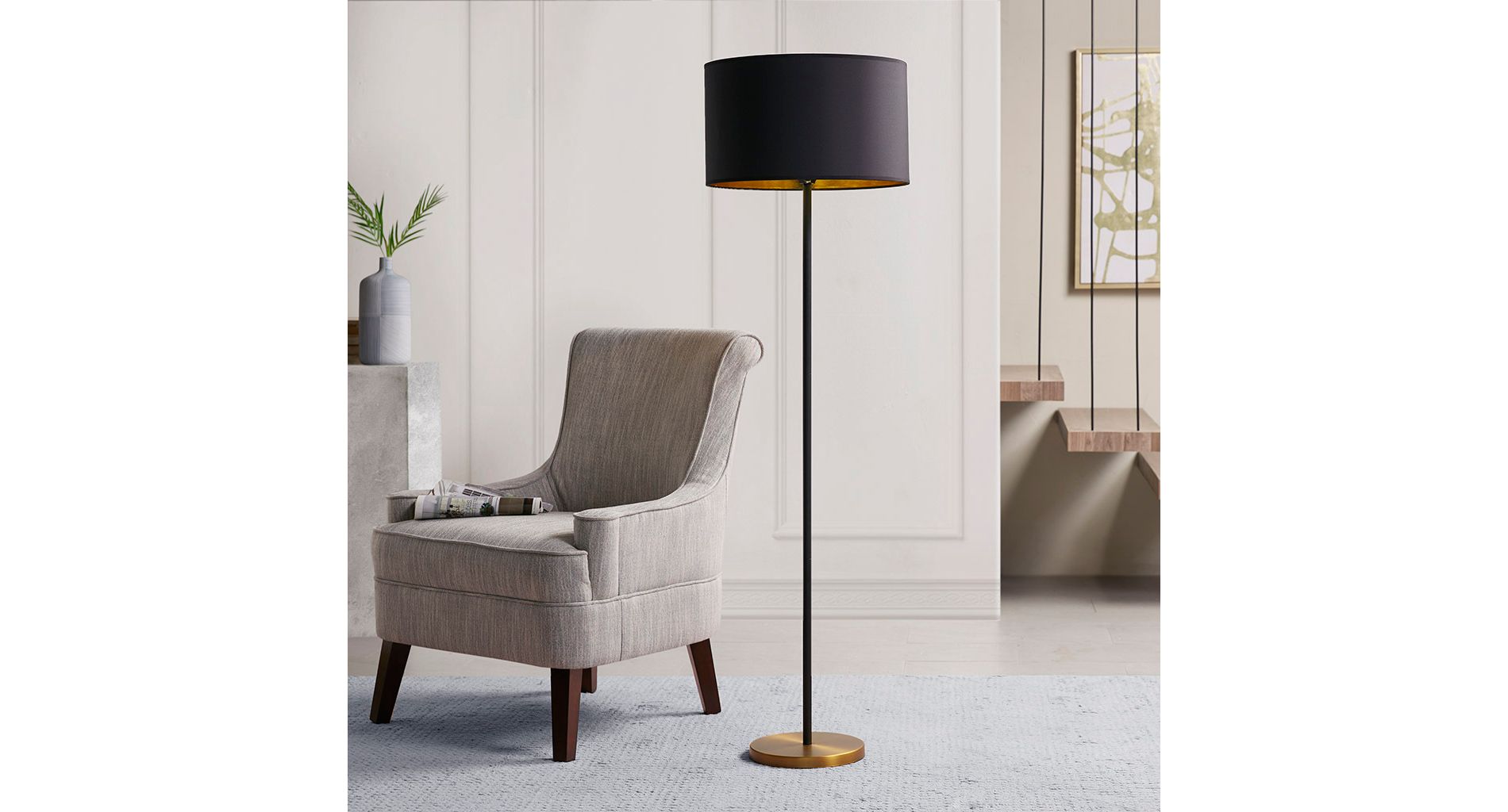 59 inch Metal Floor Lamp with 17 inch Drum Shade for Living Room, 1 Type A 9W LED Bulb Included