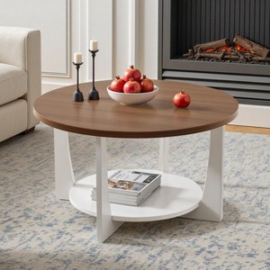 Bekrvio 31.5'' Round Coffee Table with Solid Wood Pine Legs, 2-Tier Boho Wood Coffee Table with Storage Shelf for Living Room - 1 of 4