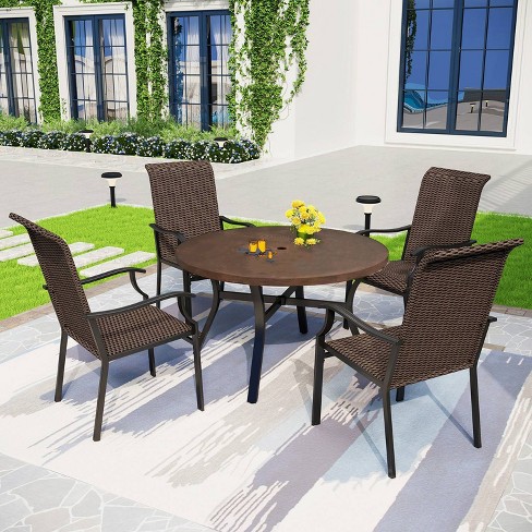 5pc Patio Dining Set With Rattan Arm Chairs Round Steel Frame