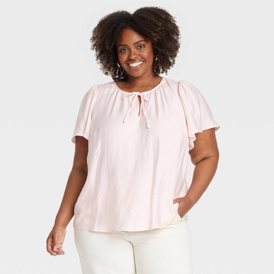 Women's Flutter Short Sleeve Blouse - Ava & Viv™ Light Pink 1X