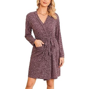 Ekouaer Women Robe Ribbed Knit Soft Bathrobe Knee Length Robes Stretchy Short Sleepwear with Pockets - 1 of 4