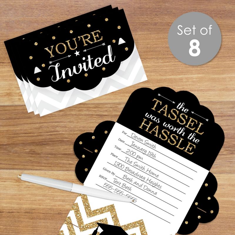 Big Dot of Happiness Tassel Worth The Hassle - Gold - Fill-In Cards - Graduation Party Fold and Send Invitations - Set of 8, 3 of 10