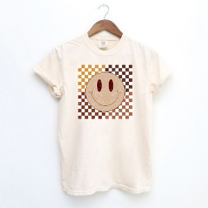 Simply Sage Market Women's Fall Checkered Smiley Short Sleeve Garment Dyed Tee - 1 of 2