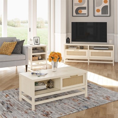 Boho-Chic Ivory Oak Rectangular Coffee Table with Faux Rattan Storage