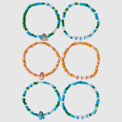 Girls' Bluey 6pk Friendship Bracelets: Multicolored Beaded Plastic Accessories, 14" Length