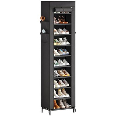 Simple Trending Narrow Shoe Rack with Cover, 10 Tier Shoe Organizer Storage, Tall Free Standing Shoe Cabinet Holds 20 Pairs for Closet, Black