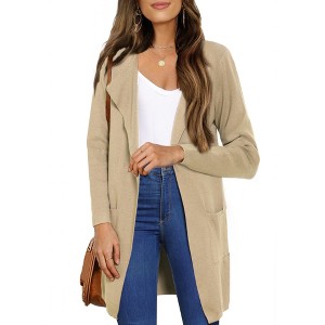 INSPIRE CHIC Women's Open Front Long Sleeve Mid Long Knit with Pockets Fall Layering Sweater Coatigan Jacket - 1 of 4