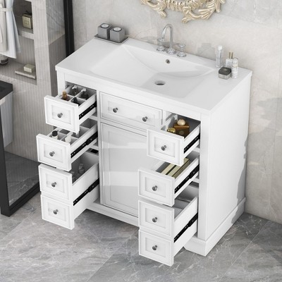 LOVMOR Bathroom Vanity with Ceramic Sink, Doors & Drawers, Modern Bathroom-Storage Cabinet, Solid Wood Frame Set
