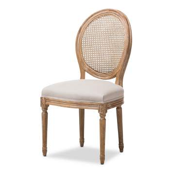 Adelia French Vintage Cottage Weathered Oak Wood Finish and Fabric Upholstered Dining Side Chair with Round Cane Back - Beige - Baxton Studio