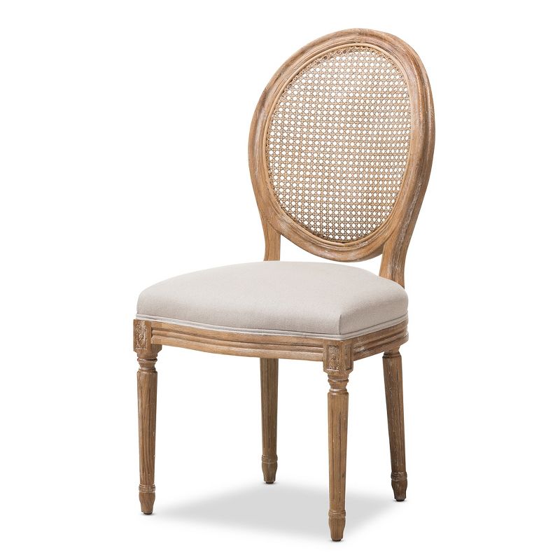 Adelia French Vintage Cottage Weathered Oak Wood Finish and Fabric Upholstered Dining Side Chair with Round Cane Back - Beige - Baxton Studio, 1 of 7