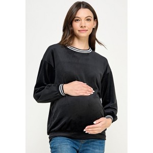 Hello Miz Women's Velvet Striped Neckline Long Sleeve Maternity Sweatshirt Top - 1 of 4
