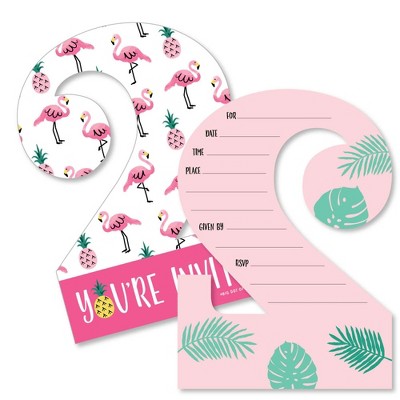 Big Dot of Happiness 2nd Birthday Pink Flamingo - Pineapple - Shaped Fill-in Invites - Second Birthday Party Invite Cards with Envelopes - Set of 12