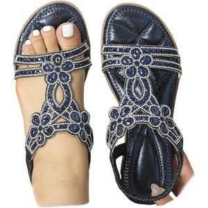 Clotth Women's Floral Flat Sandals - Elastic Strap for Summer Beach, Sparkling Jeweled Bohemian Flats,Sandals with Non Slip Shoes - 1 of 4