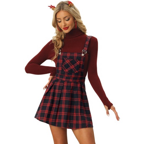 Allegra K Women's Checks Adjustable Strap Pinafore Overall Suspender Skirt  Red Blue X-Large