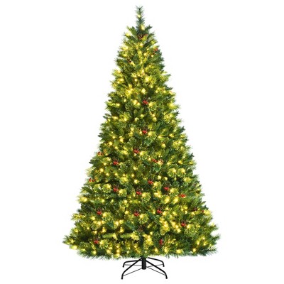 Costway 8ft Pre-lit Hinged Artificial Christmas Tree w/ Pine Cones & Red Berries