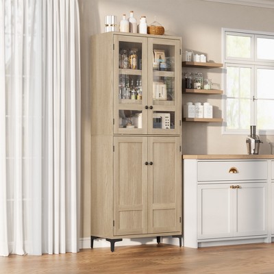 Tall Kitchen Pantry Cabinet with Glass Doors, Food Storage Cabinet with 4 Doors 5 Tier Adjustable Shelves for Kitchen,  Bathroom