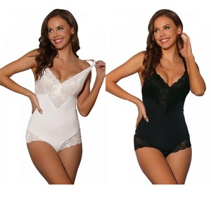 Allegra K Women's Lace Adjustable Straps Tummy Control Backless V Neck Body Shapers 2 Packs - 1 of 4