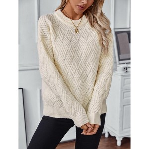 Women Cable Knit Vintage Chunky Sweater Loose Casual Knitted Sweater Unisex Woven Crewneck Knitted Top - 1 of 4