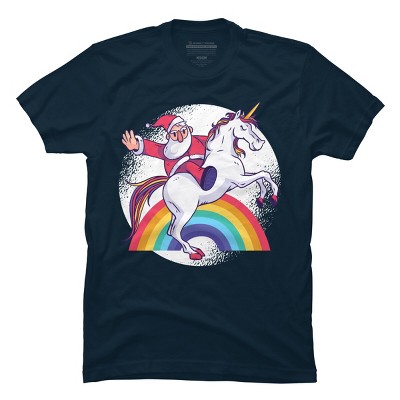Men's Design By Humans Christmas Cartoon Santa Riding A Unicorn By rasok T-Shirt