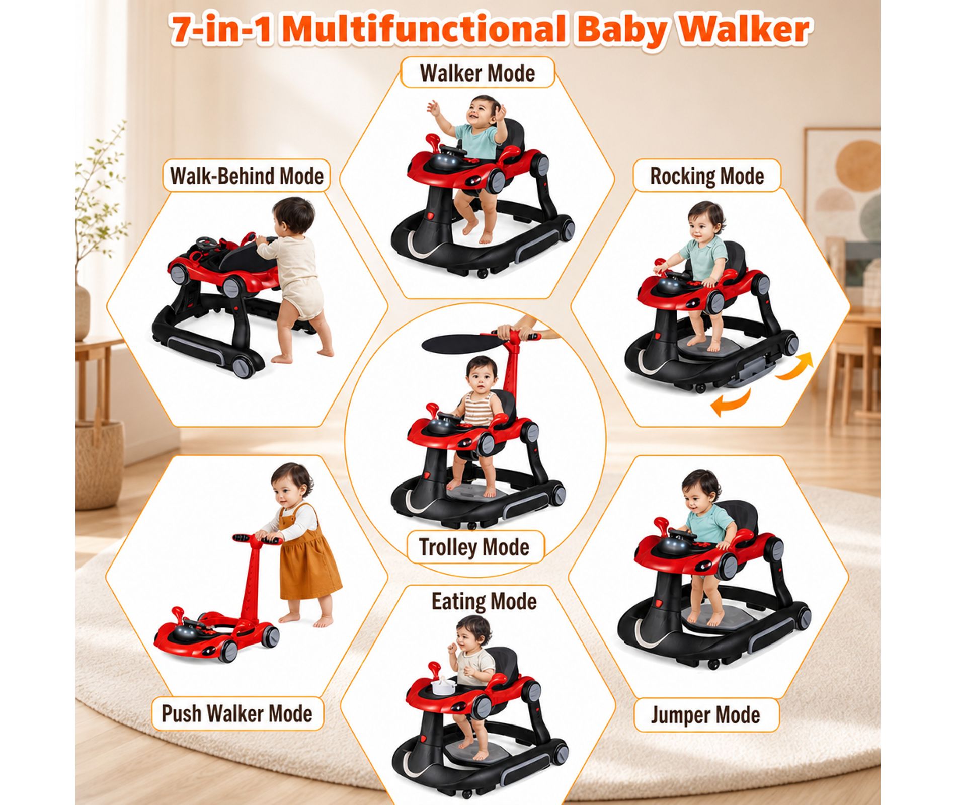 6-in-1 Baby Walker with Canopy and Music Bouncer Rocker Activity Center, Red