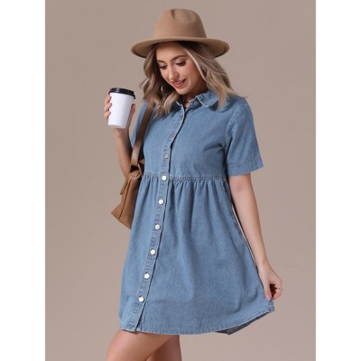 Женские платья INSPIRE CHIC Women's Denim Babydoll Tiered Short Sleeve Button Down Jean Shirt Dresses Light Blue Large — фото 2