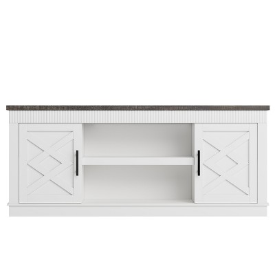 White Farmhouse TV Stand for 65 70 Inch TVs, 65 In Long Entertainment Center w/ 2 Door &Open Storage Shelf, Rustic Fluted Television Consoles Stands