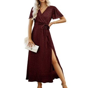 Anna-Kaci Women's Short Sleeve V Neck Maxi Wrap Dress with Waist Tie and Side Slit Detail - 1 of 4