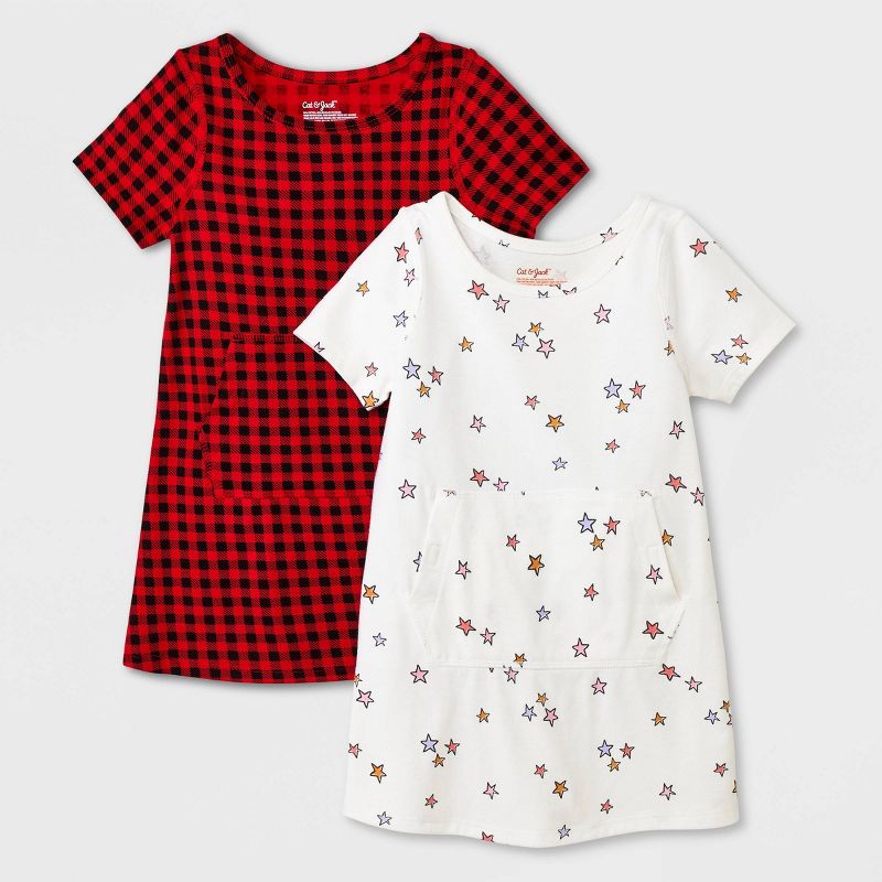 Toddler Girls' 2pk Adaptive Short Sleeve Holiday Dress - Cat & Jack™ Off-White/Red, 1 of 6