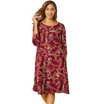 Jessica London Women's Plus Size Stretch Knit Three-Quarter Sleeve T-Shirt Dress