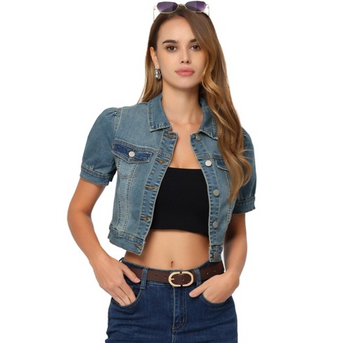 Women Cropped Denim Jacket Button Down Collarless Long Sleeve