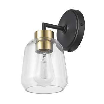 Salma 1-Light Matte Black Plug-In or Hardwire Wall Sconce with Antique Brass Accent Socket and Glass Shade - Globe Electric