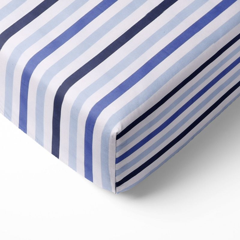 Bacati - Pin Stripes Blue Navy 100 percent Cotton Universal Baby US Standard Crib or Toddler Bed Fitted Sheet, 1 of 7