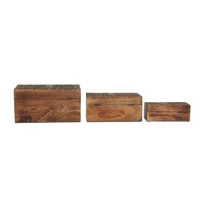 Rustic Hand-Carved Mango Wood Lidded Boxes Set of 3