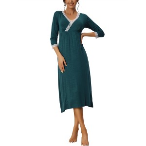 cheibear Women's Soft Lace Trim V Neck Long Sleeve Rayon Nightshirt - 1 of 4
