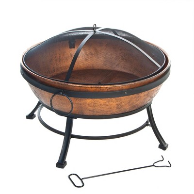 DeckMate 30371 Avondale Outdoor Patio Portable Steel Round Fire Bowl Fire Pit with Poker and Mesh Lid for Patios, Porches, Gardens, and Decks, Copper