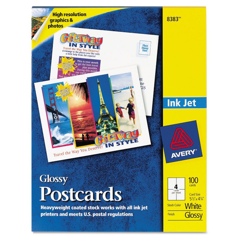 Avery Photo-Quality Glossy Postcards for Inkjet Printers 4 1/4 x 5 1/2 White 100/Pk 8383, 1 of 10